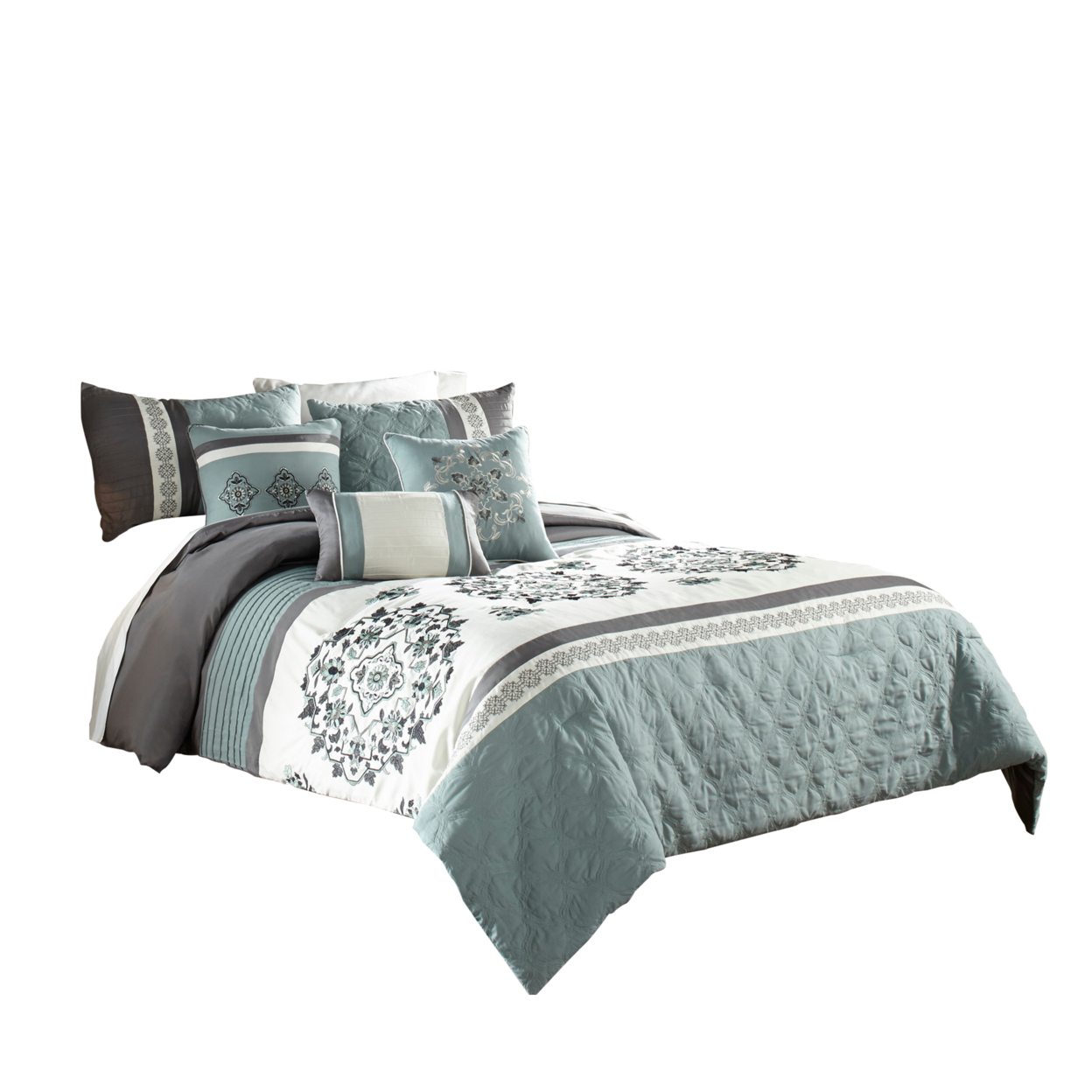 7 Piece King Polyester Comforter Set With Floral Details, Blue And Gray- Saltoro Sherpi
