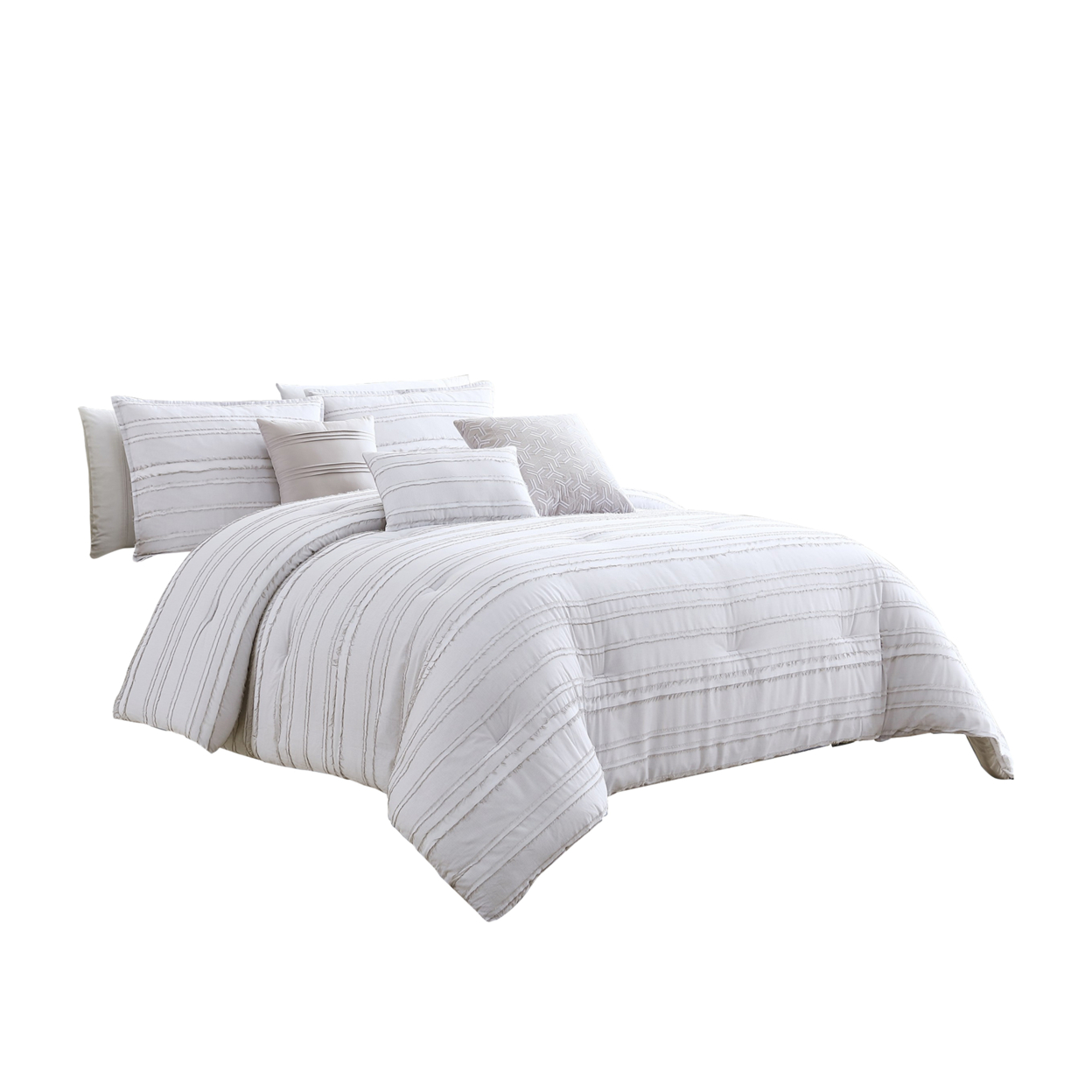 6 Piece King Cotton Comforter Set With Frayed Edges, White And Gray- Saltoro Sherpi