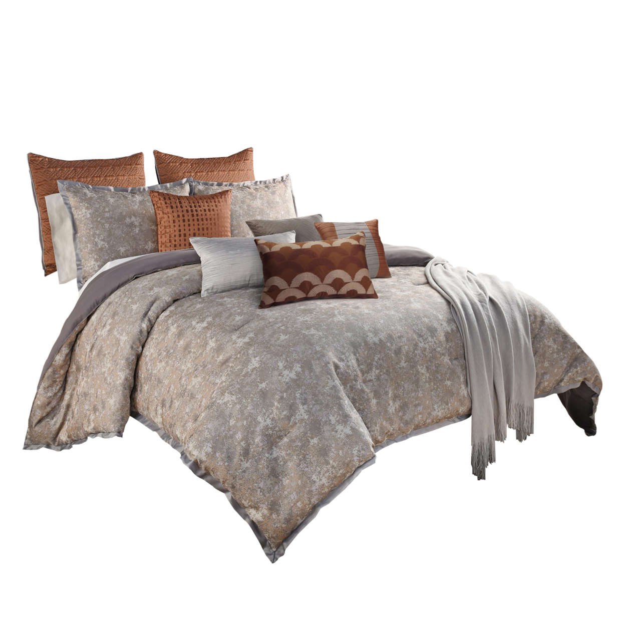 12 Piece Queen Polyester Comforter Set With Textured Details,Gray And Brown- Saltoro Sherpi
