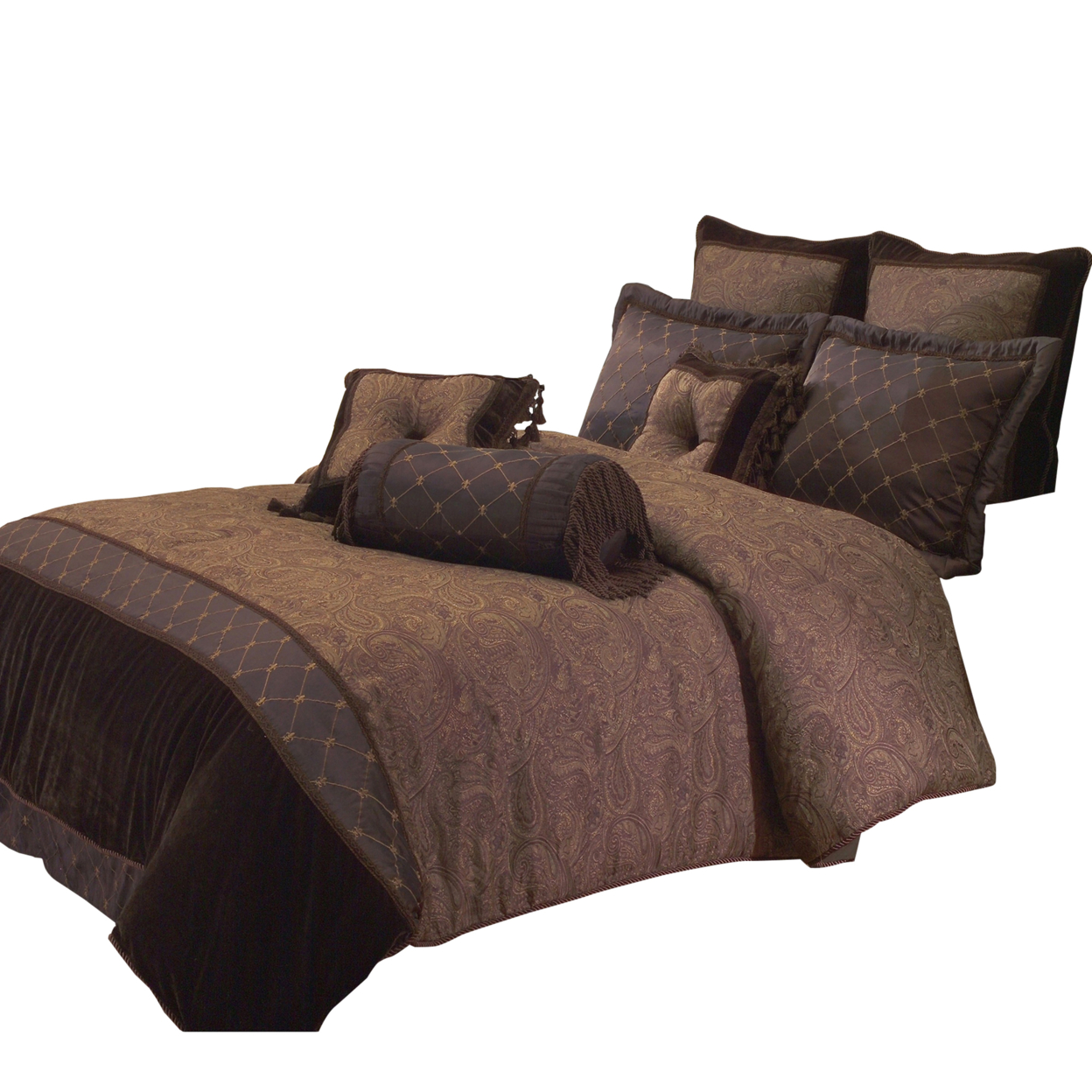 10 Piece King Polyester Comforter Set With Paisley Pattern Design, Brown- Saltoro Sherpi
