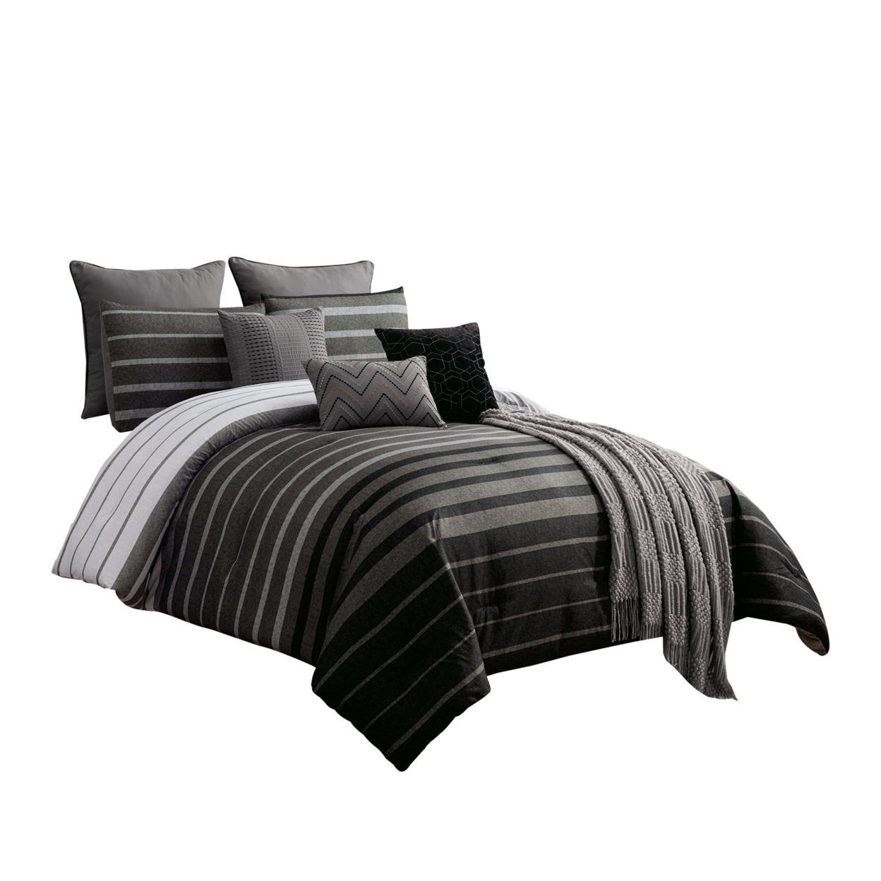 10 Piece Queen Polyester Comforter Set With Striped Details, Black And Gray- Saltoro Sherpi