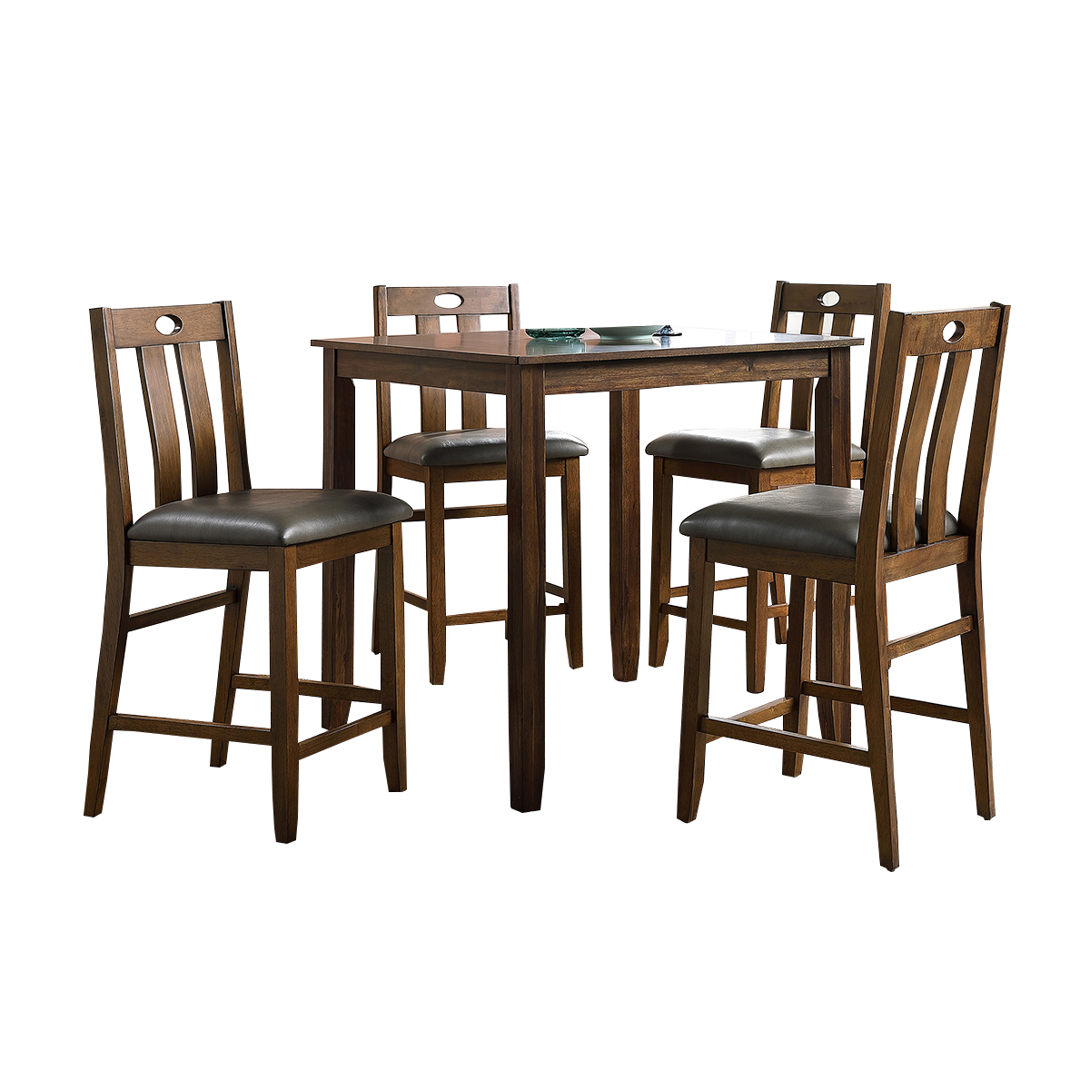 5 Piece Counter Height Wooden Dining Set With Padded Seat, Brown And Gray- Saltoro Sherpi