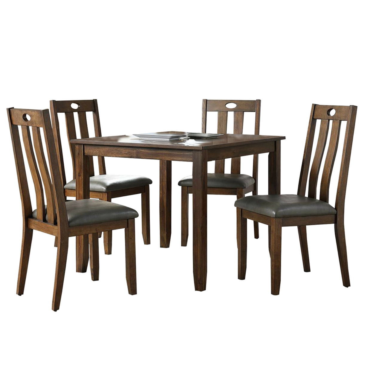 5 Piece Wooden Dining Set With Padded Seat Chair, Brown And Gray- Saltoro Sherpi