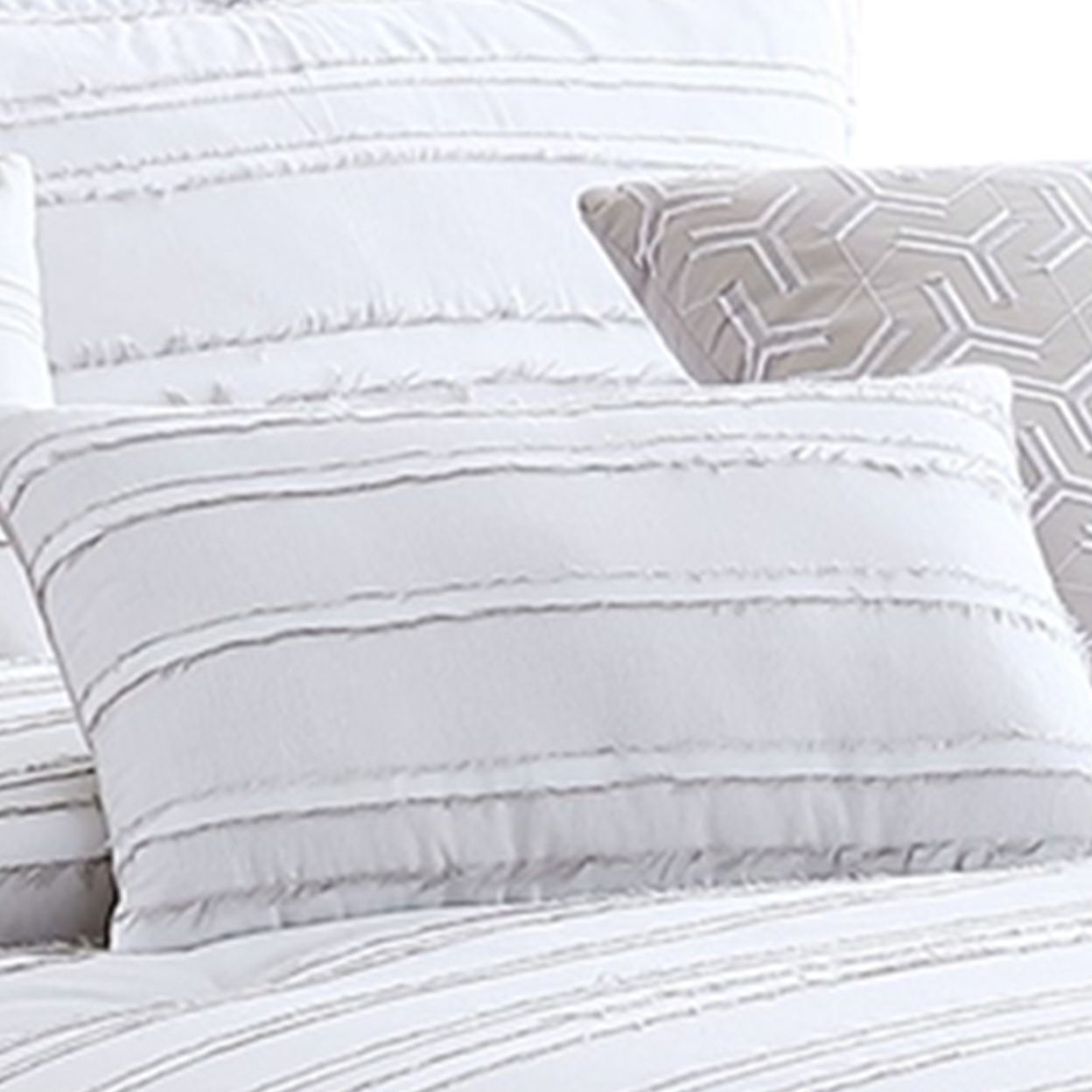 6 Piece Queen Cotton Comforter Set With Frayed Edges, White And Gray- Saltoro Sherpi