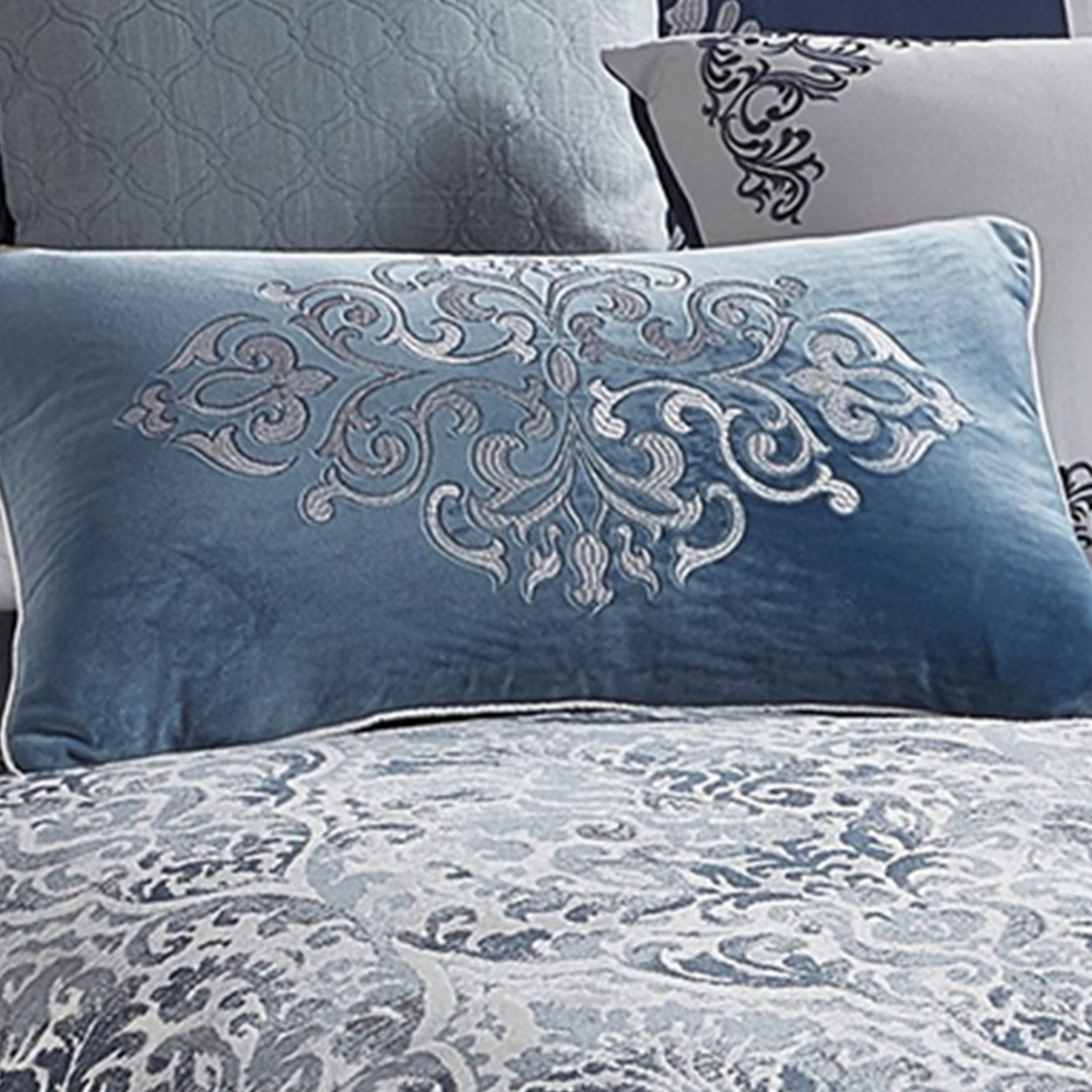 9 Piece Queen Polyester Comforter Set With Damask Prints, Blue And Gray- Saltoro Sherpi