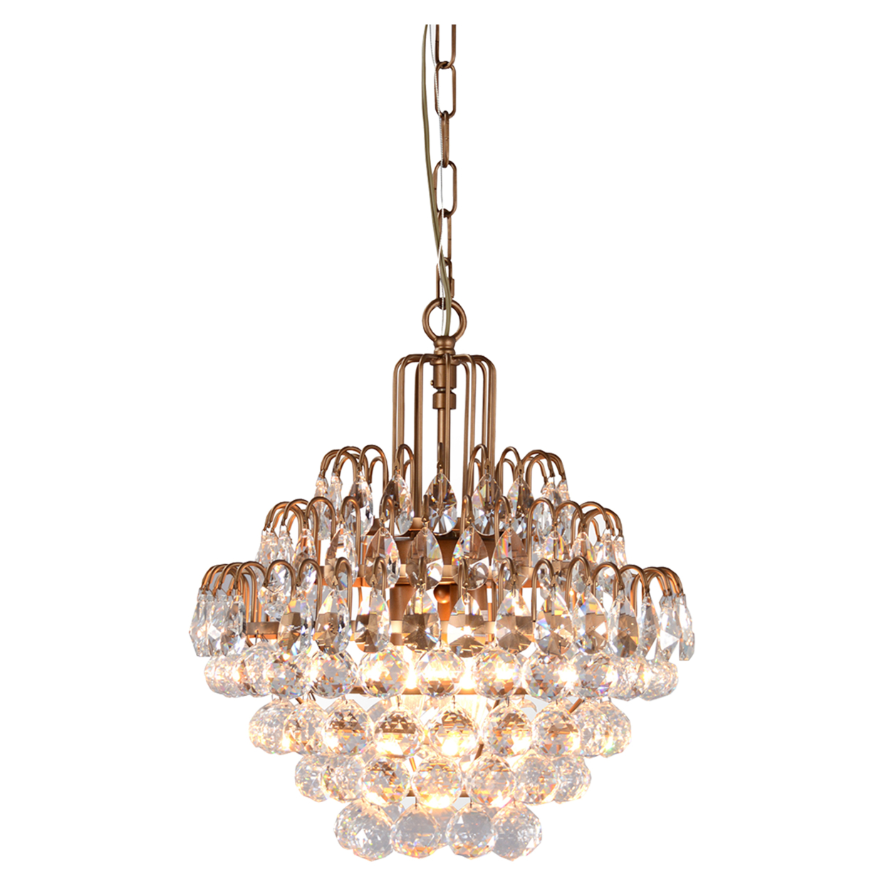 Faceted Crystal Accented 3 Light Chandelier With Metal Chain, Brass- Saltoro Sherpi
