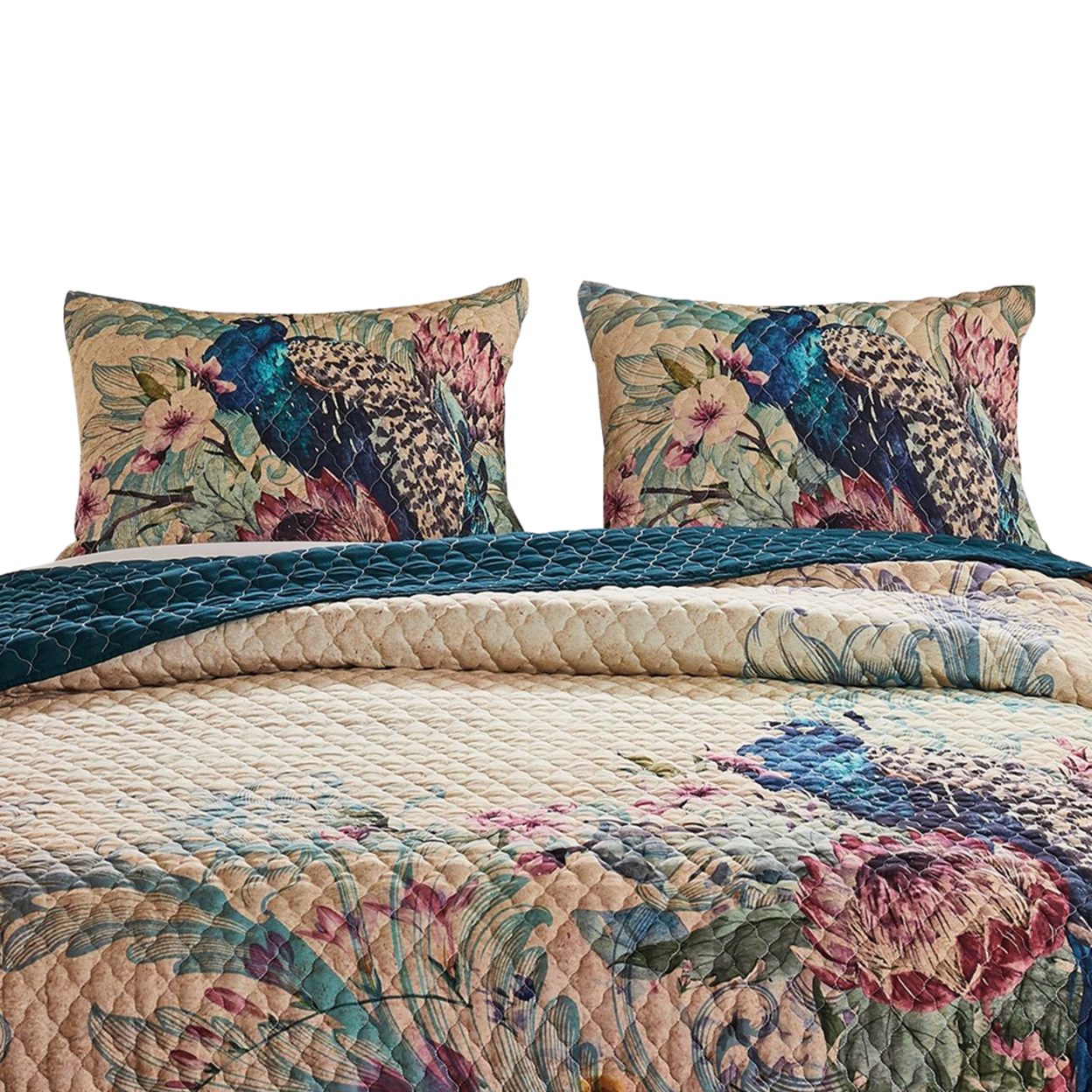 3 Piece King Size Quilt Set With Floral Print And Crochet Trim, Multicolor- Saltoro Sherpi