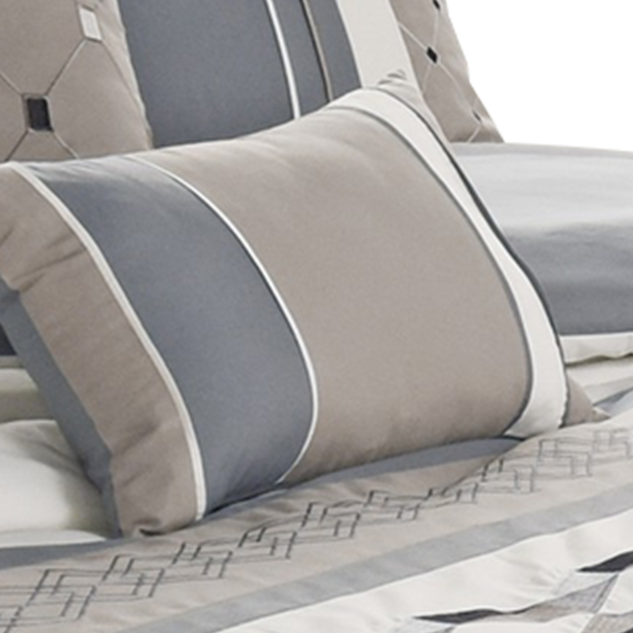 7 Piece King Polyester Comforter Set With Geometric Design, Blue And Gray- Saltoro Sherpi