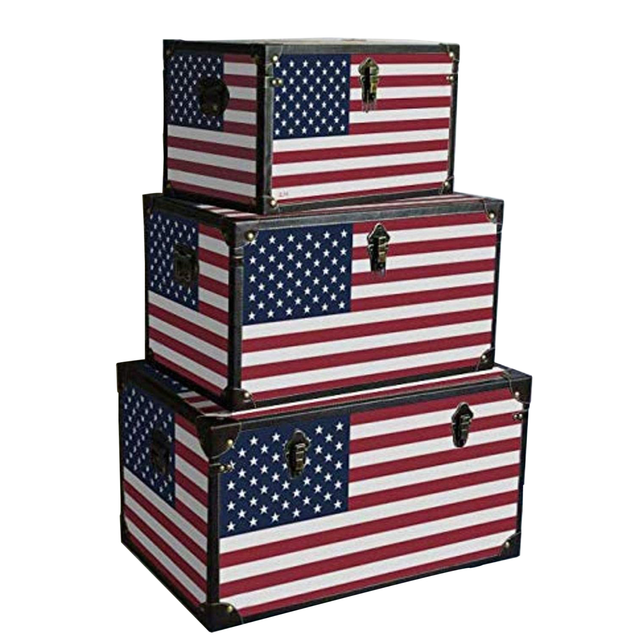 Wooden Trunks With US Flag Print And Metal Corner Accent, Set Of 3, Multicolor- Saltoro Sherpi