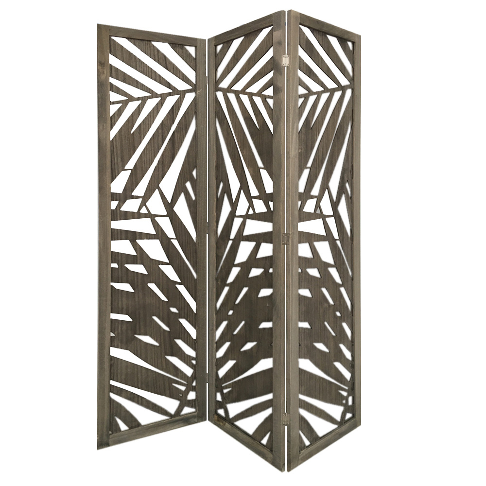 3 Panel Wooden Screen With Laser Cut Tropical Leaf Design, Gray- Saltoro Sherpi