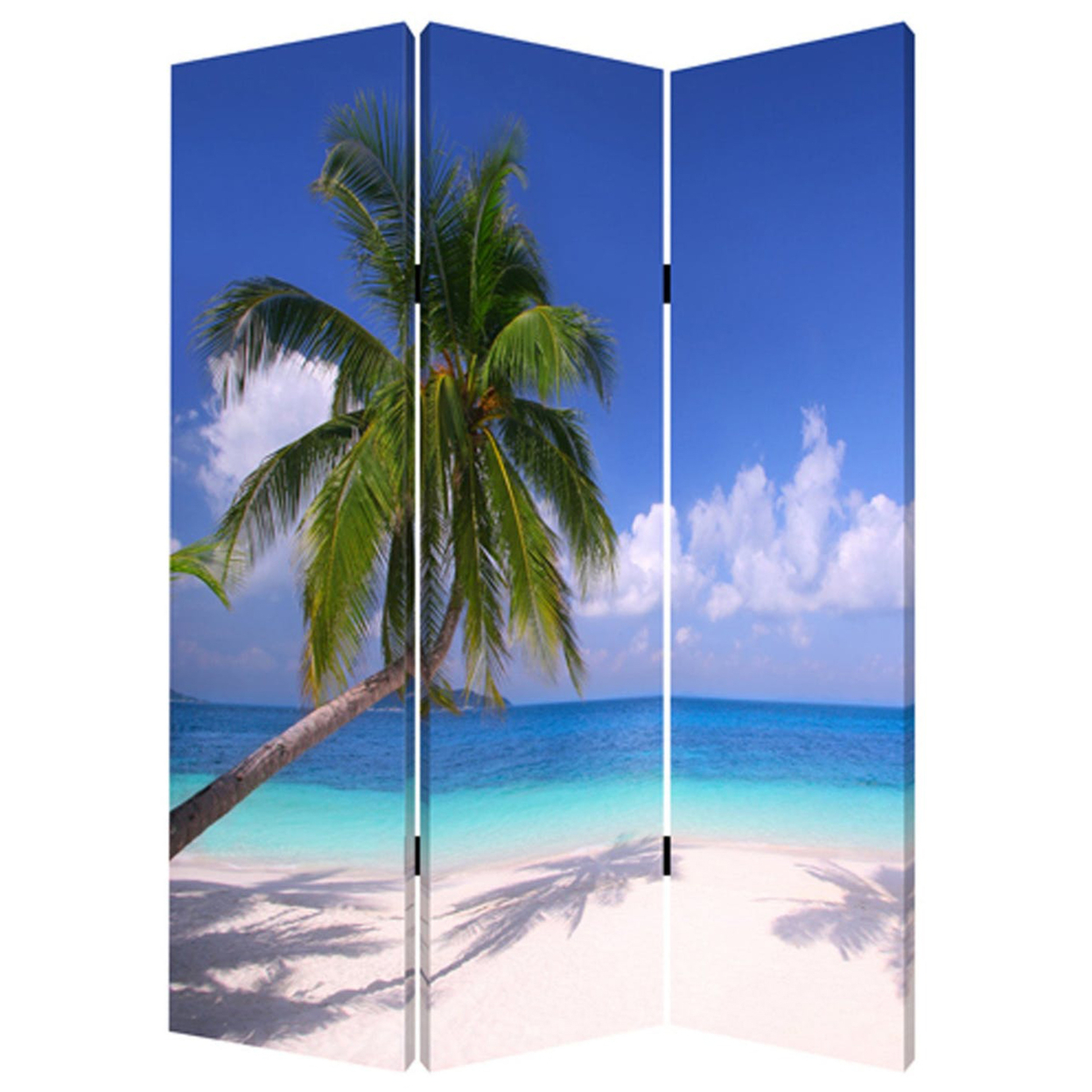 Beach Inspired Canvas Print 3 Panel Wooden Screen, Blue And Green- Saltoro Sherpi