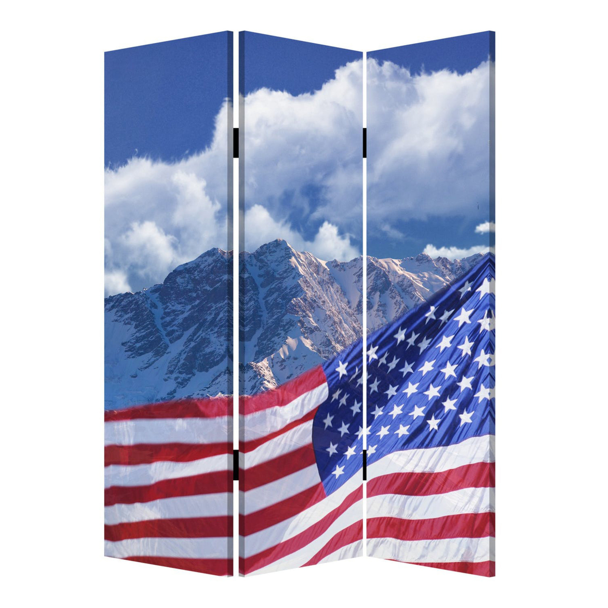 American Flag Printed Wood And Canvas 3 Panel Screen, Multicolor- Saltoro Sherpi
