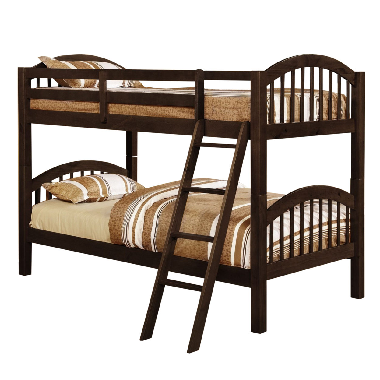 Wooden Twin Over Twin Bunk Bed With Slatted Arched Headboard, Dark Brown- Saltoro Sherpi