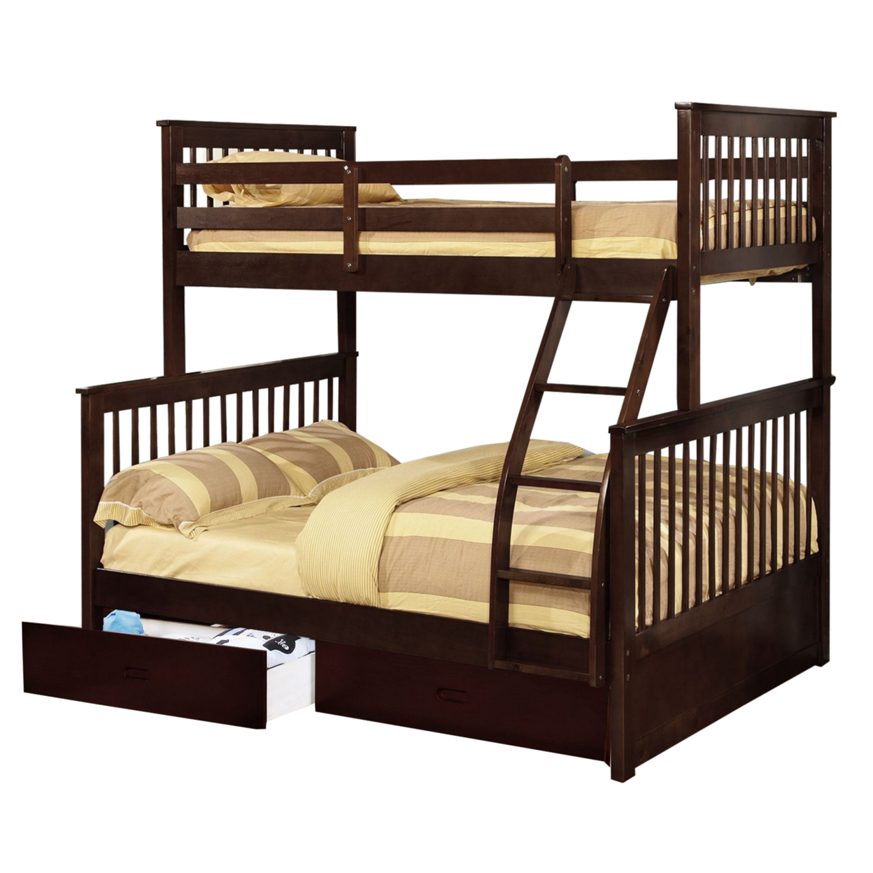 Mission Style Wooden Twin Over Full Bunk Bed With 2 Drawers, Dark Brown- Saltoro Sherpi