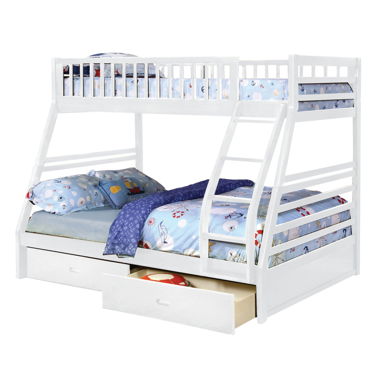 Wooden Twin Over Full Bunk Bed With 2 Drawers And Casters, White- Saltoro Sherpi