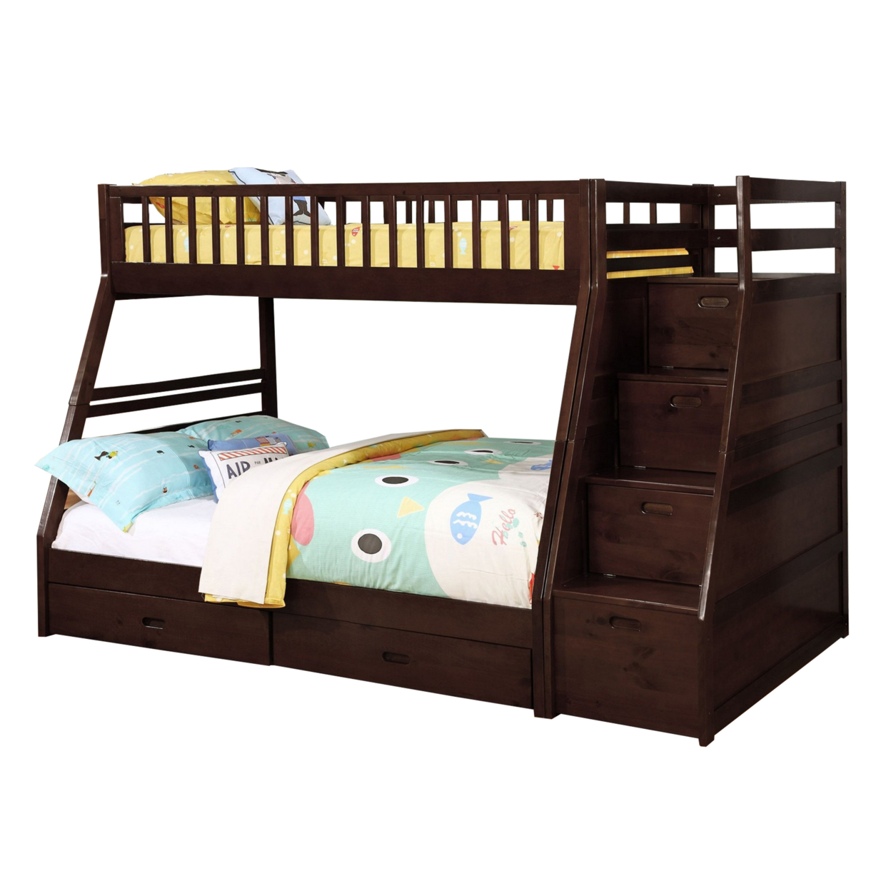 2 Drawer Wooden Twin Over Full Bunk Bed With Storage Staircase, Brown- Saltoro Sherpi
