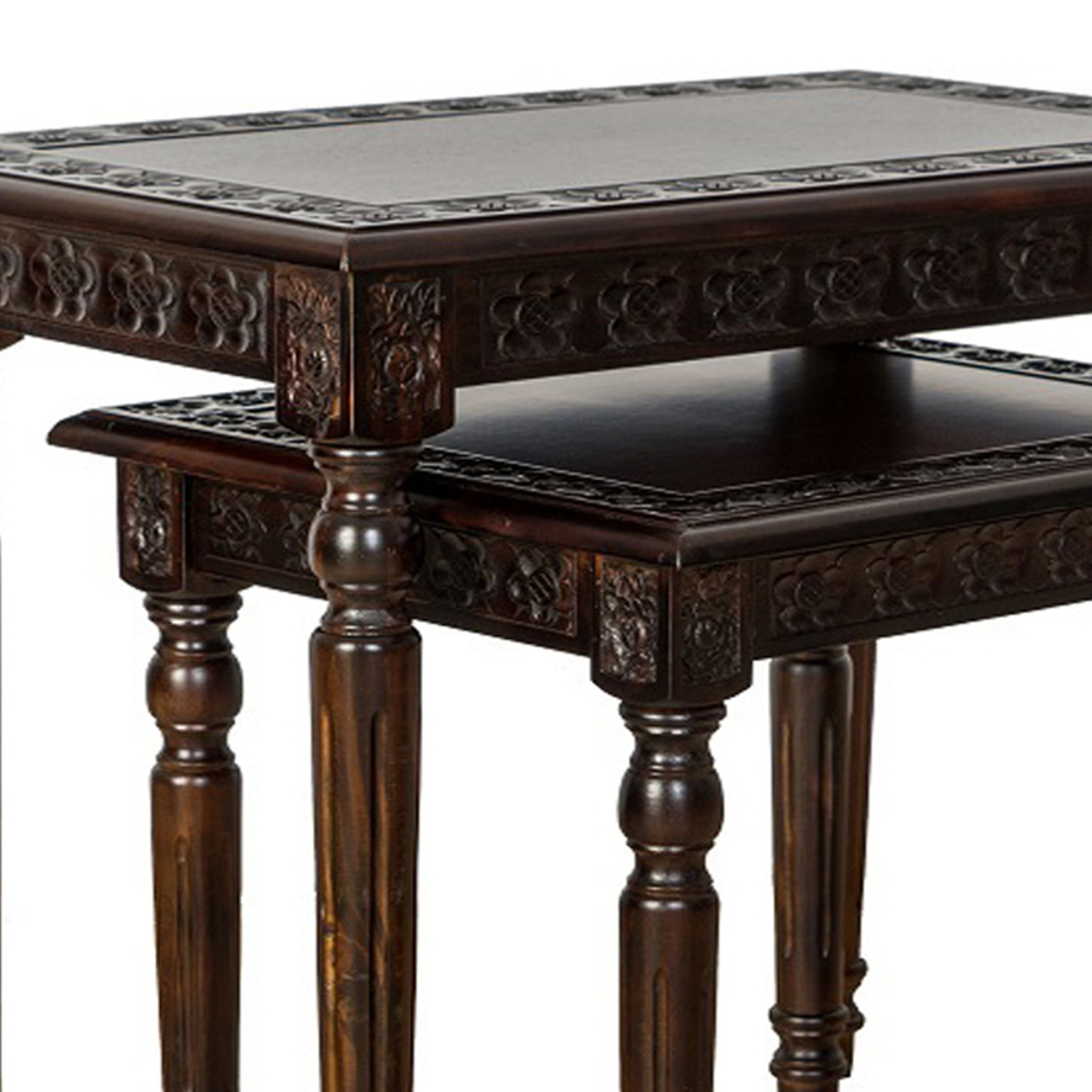 Elegantly Engraved Wooden Frame Nesting Table, Set Of 2, Brown- Saltoro Sherpi
