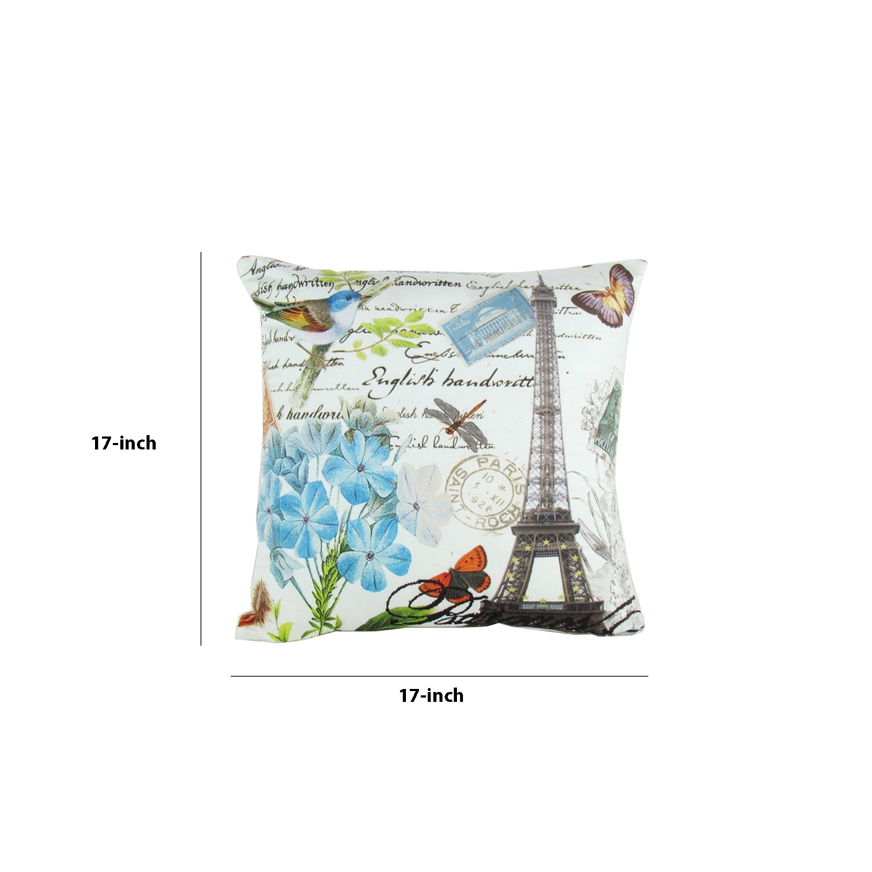 17 Inch Accent Pillow, Fabric, Scripted Details, Eiffel Tower Print, Multicolor