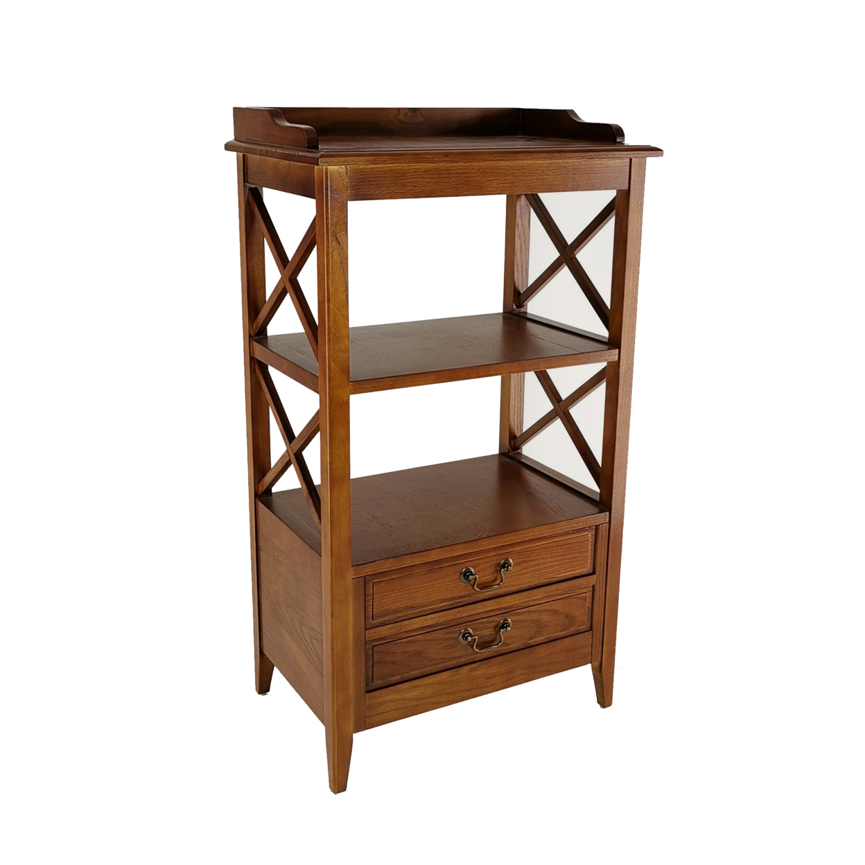 X Frame Wooden Rack With 2 Drawers And Open Shelf, Brown- Saltoro Sherpi