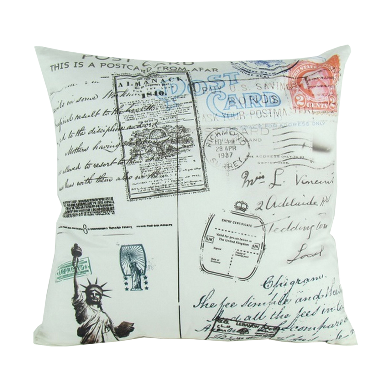 Fabric Decorative Pillow With Scripted Details, White- Saltoro Sherpi
