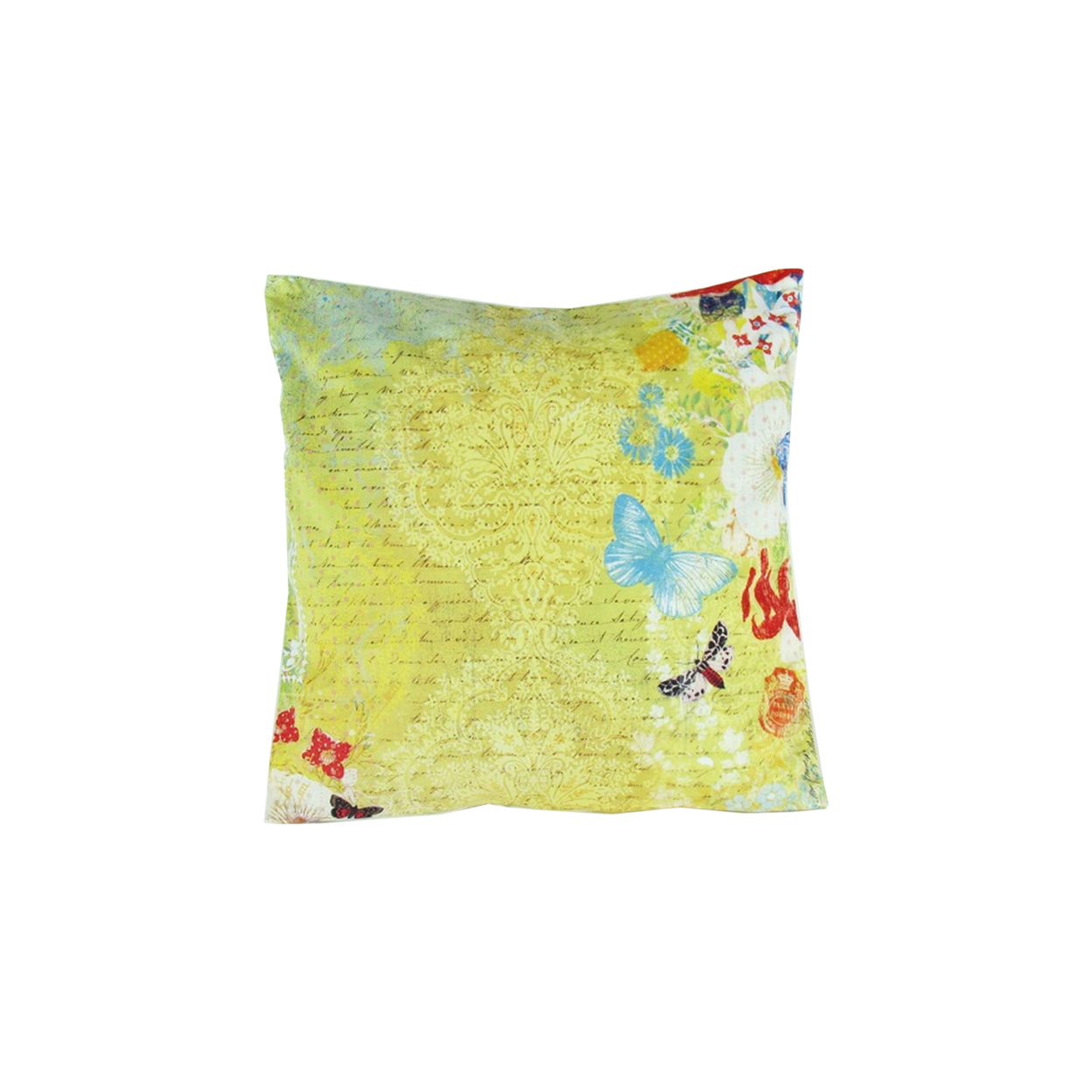 Fabric Decorative Pillow With Scripted Details, Yellow- Saltoro Sherpi
