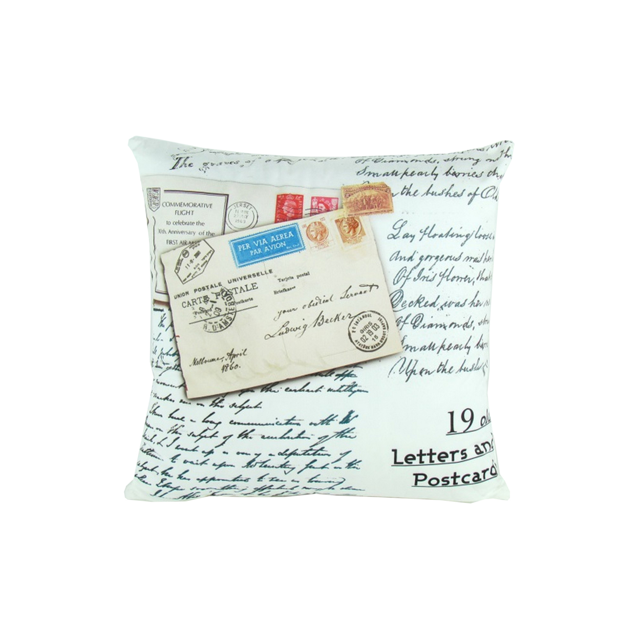 Fabric Decorative Pillow With Postcard Prints, White- Saltoro Sherpi