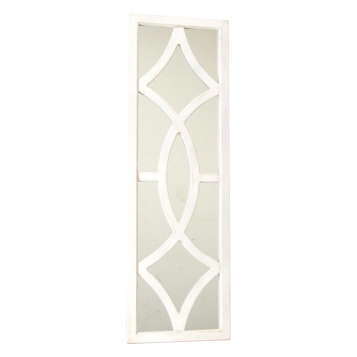 Geometric Pattern Wooden Frame Wall Mirror, White- Saltoro Sherpi