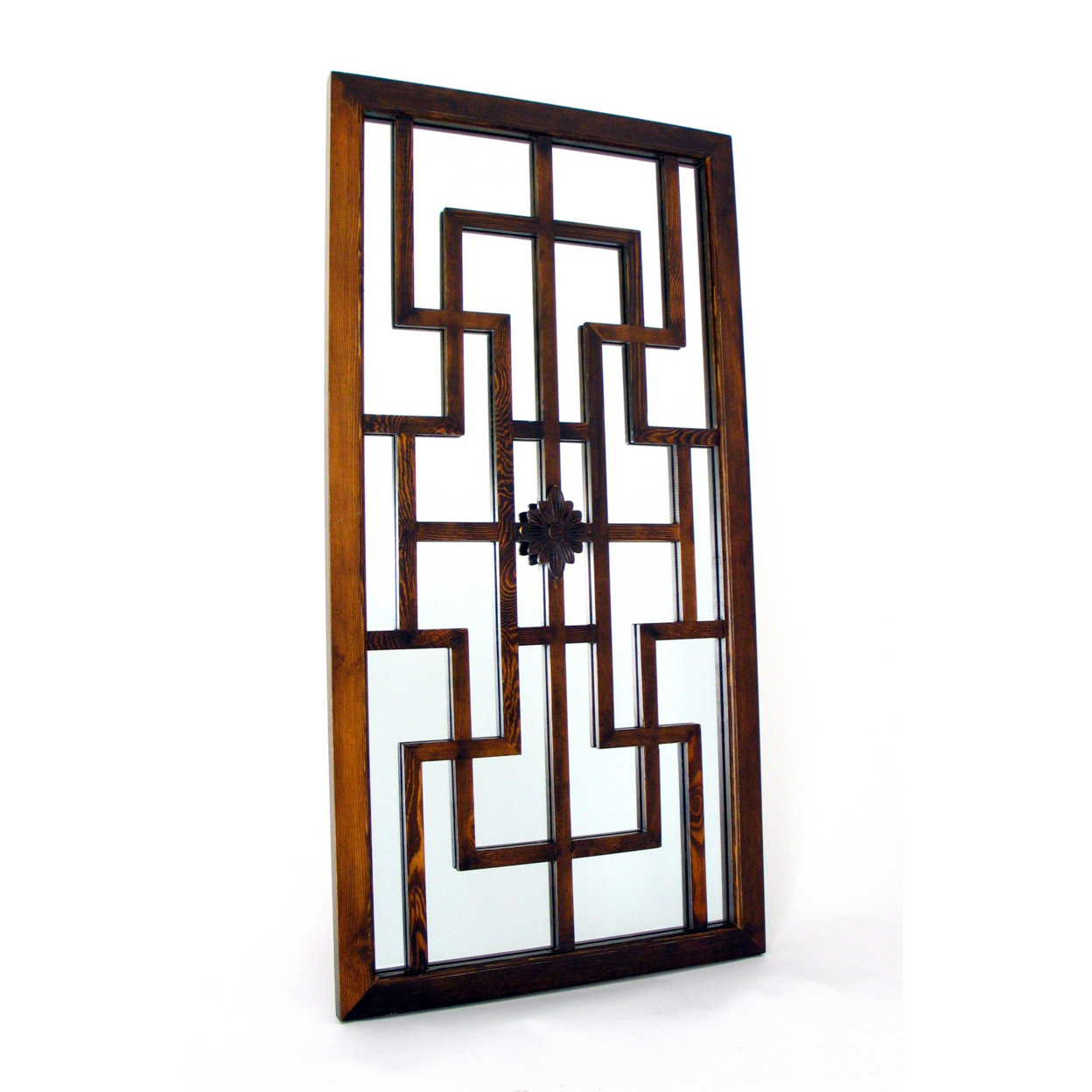 Wooden Frame Wall Mirror With Geometric Pattern, Brown- Saltoro Sherpi