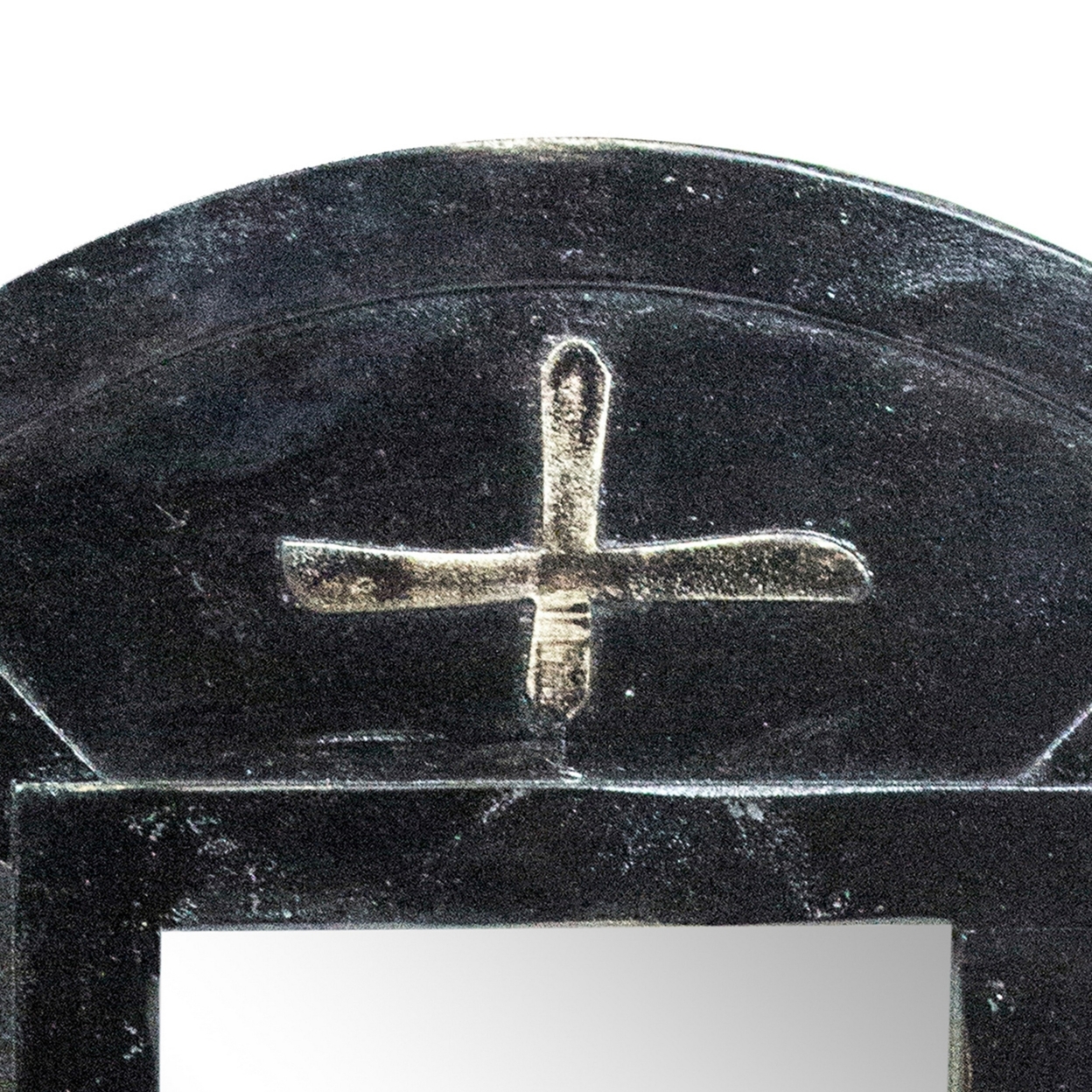 Glass Round Mirror With Carved Symbols, Dark Bronze- Saltoro Sherpi