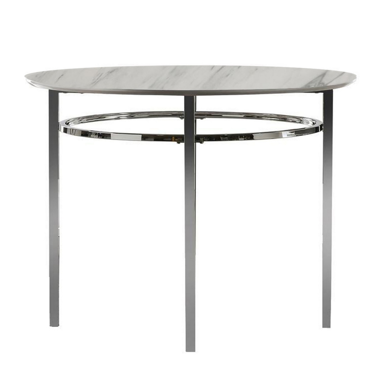 Contemporary Round Dining Table With Faux Marble Top, White And Chrome- Saltoro Sherpi