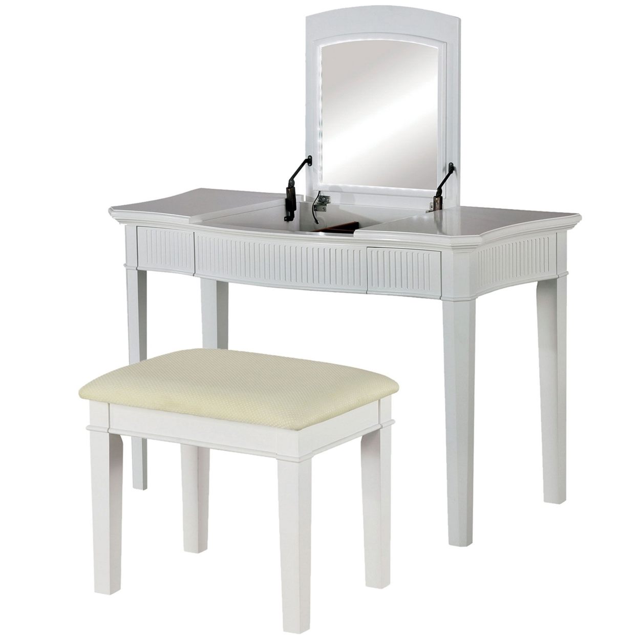 Transitional 2 Piece Wooden Vanity Table And Stool With 2 Drawers, White- Saltoro Sherpi