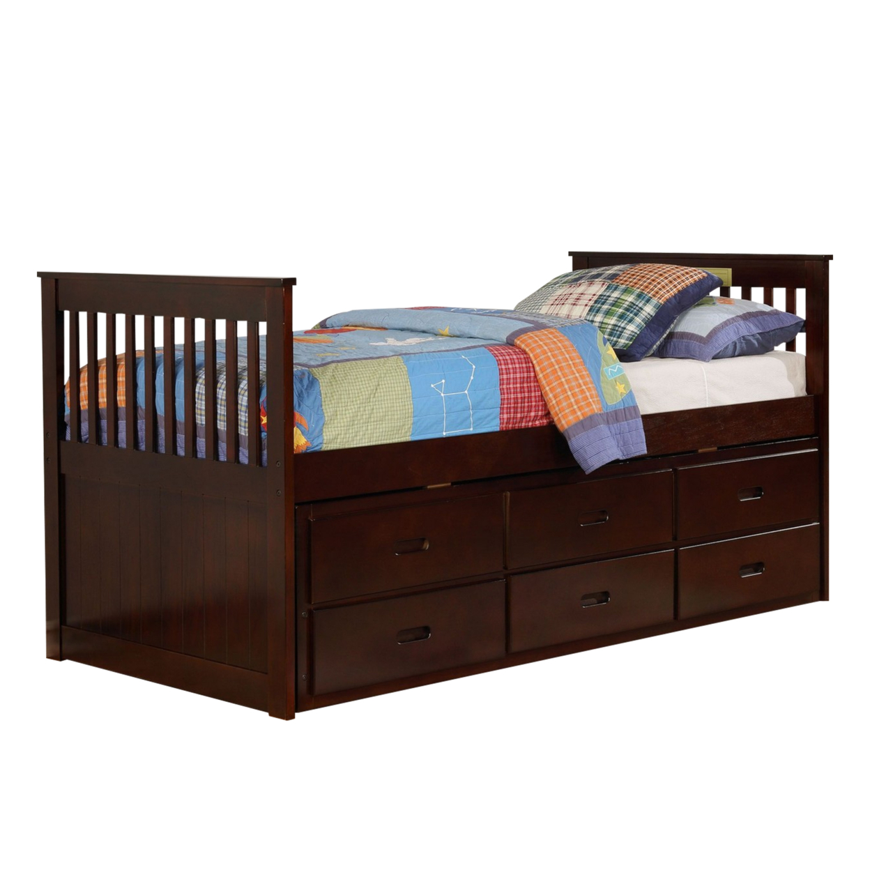 Mission Style Wooden Twin Captain Bed With Trundle And 3 Drawers, Brown- Saltoro Sherpi