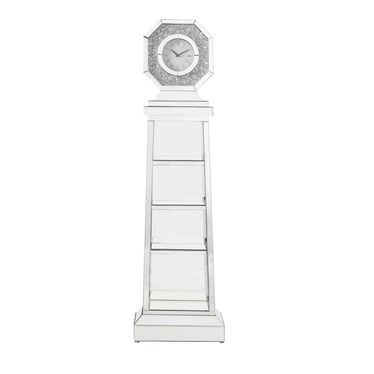 Mirrored Frame Grandfather Clock With LED, Silver And Clear- Saltoro Sherpi