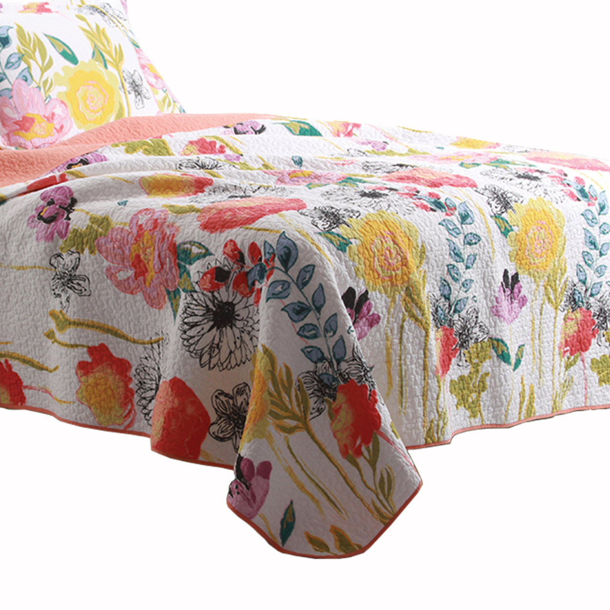 3 Piece Cotton Full Size Quilt Set With Stencil Flower Print, Multicolor- Saltoro Sherpi