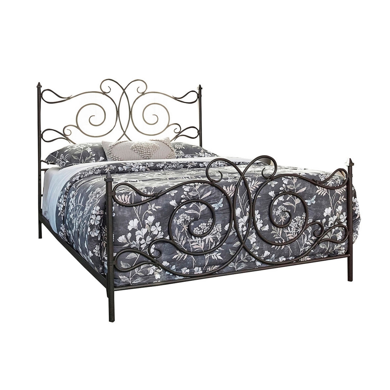 Open Frame Scroll Design Metal Queen Bed, Dark Bronze- Saltoro Sherpi