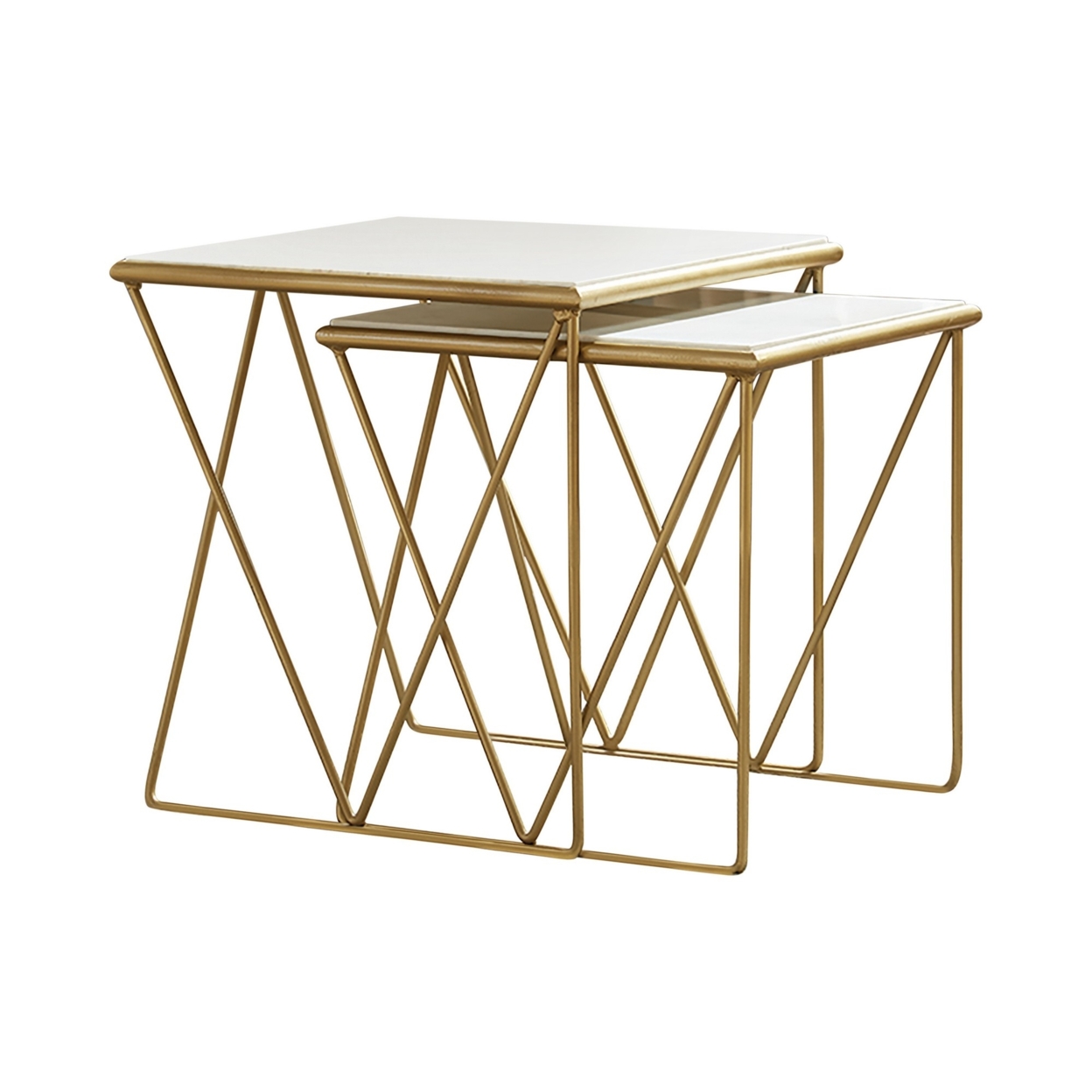 2 Piece Marble Top Nesting Table With Geometric Base, White And Gold- Saltoro Sherpi