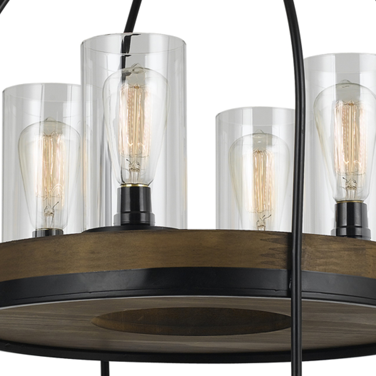 Two Tier Pendant Fixture With Round Wooden And Metal Frame, Brown And Black- Saltoro Sherpi