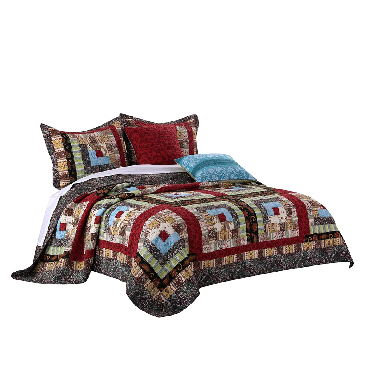 Thames 5 Piece Queen Size Cotton Quilt Set With Log Cabin Pattern, Multicolor- Saltoro Sherpi