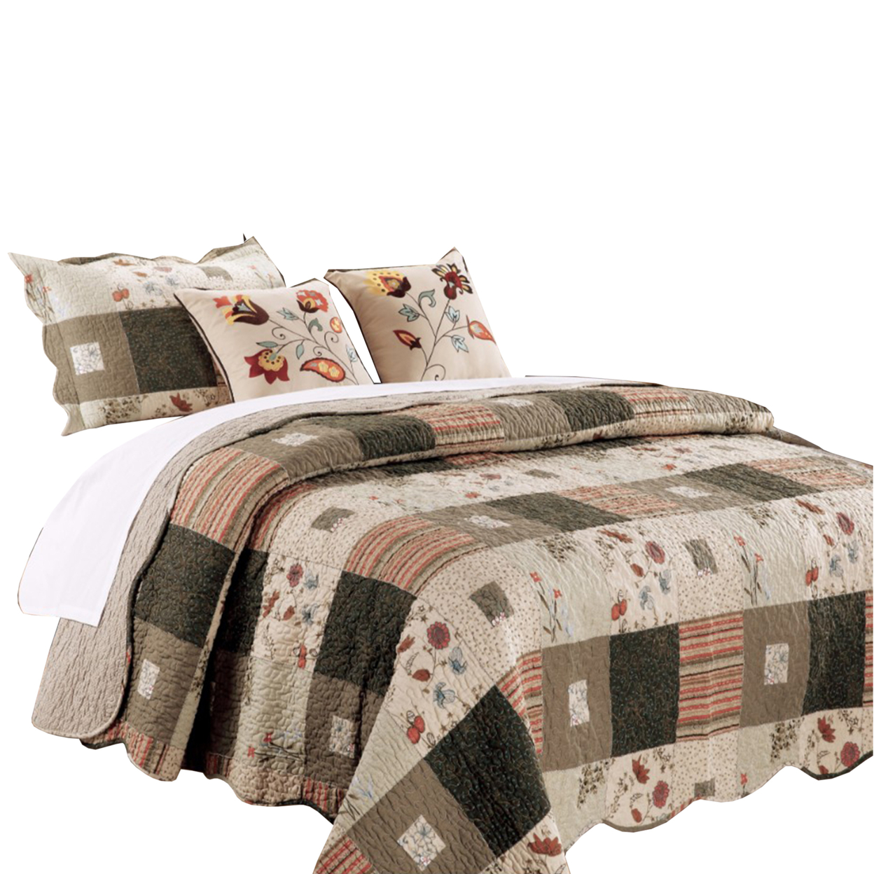 Douro Fabric 4 Piece Twin Quilt Set With Floral Print And Scalloped Edges,Brown- Saltoro Sherpi