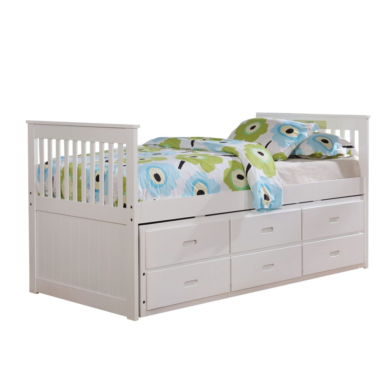 Mission Style Wooden Twin Captain Bed With Trundle And 3 Drawers, White- Saltoro Sherpi