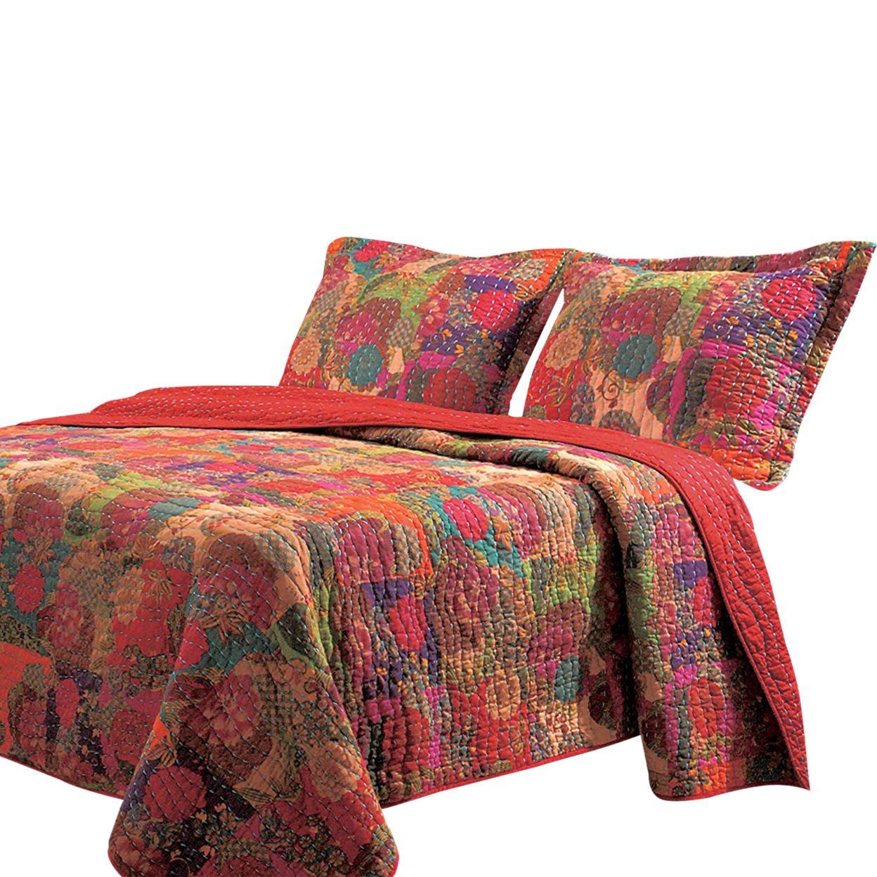 Tisa 3 Piece Reversible King Quilt Set With Floral And Fruit Pattern, Multicolor- Saltoro Sherpi