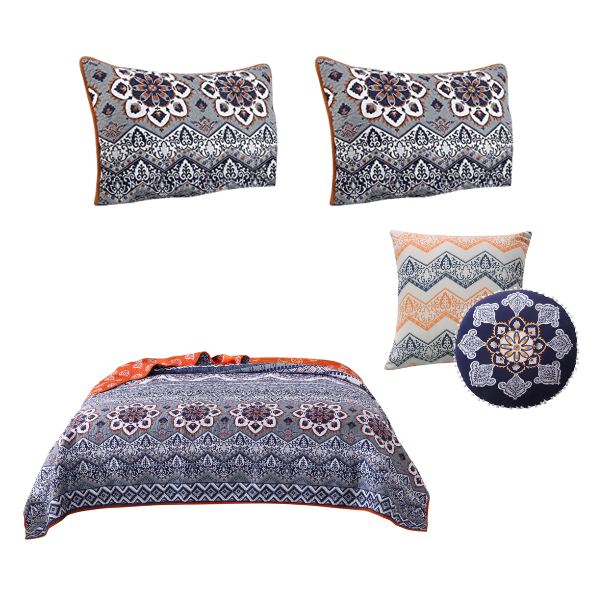 Damask Print King Quilt Set With Embroidered Pillows,Indigo Blue And Orange- Saltoro Sherpi