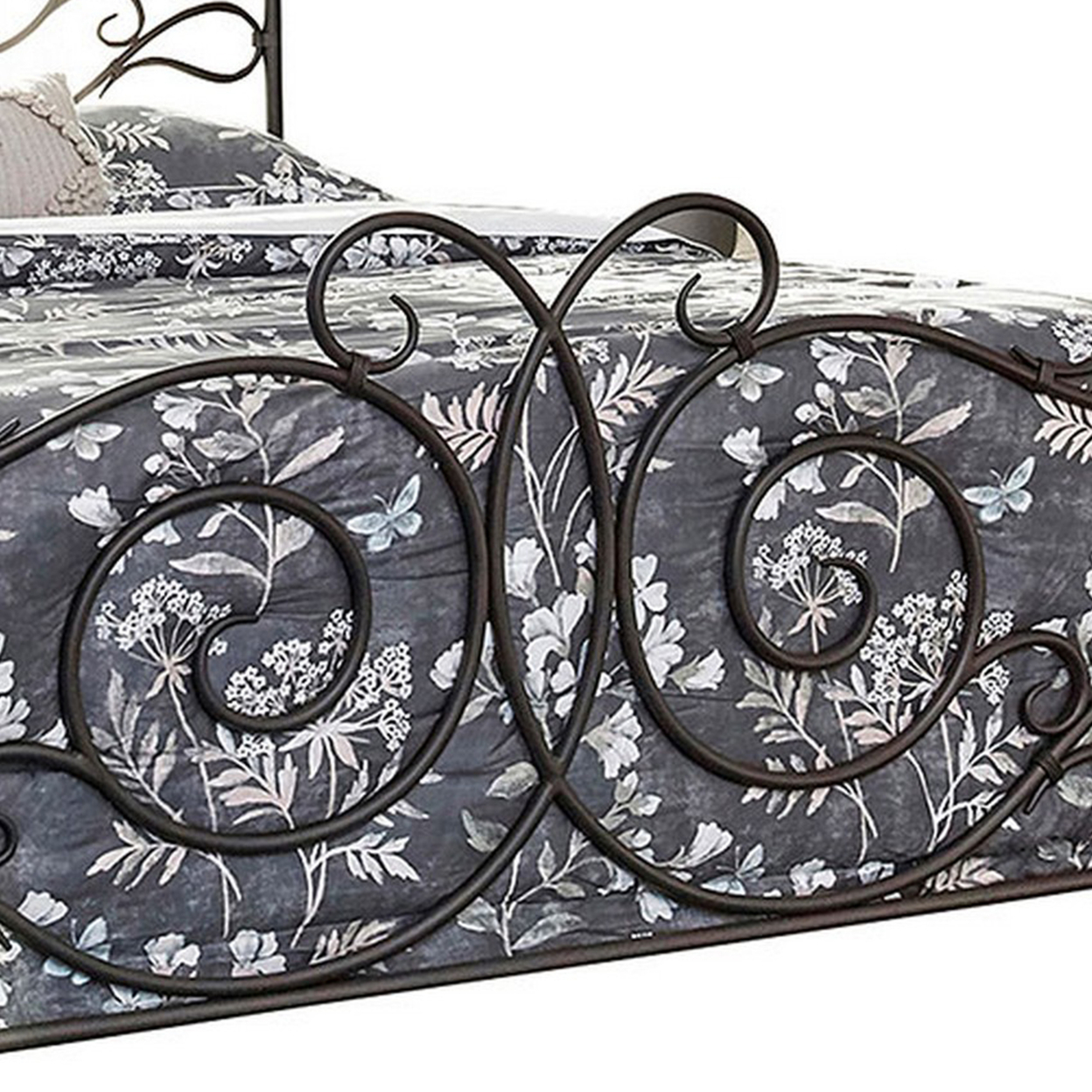 Open Frame Scroll Design Metal Queen Bed, Dark Bronze- Saltoro Sherpi