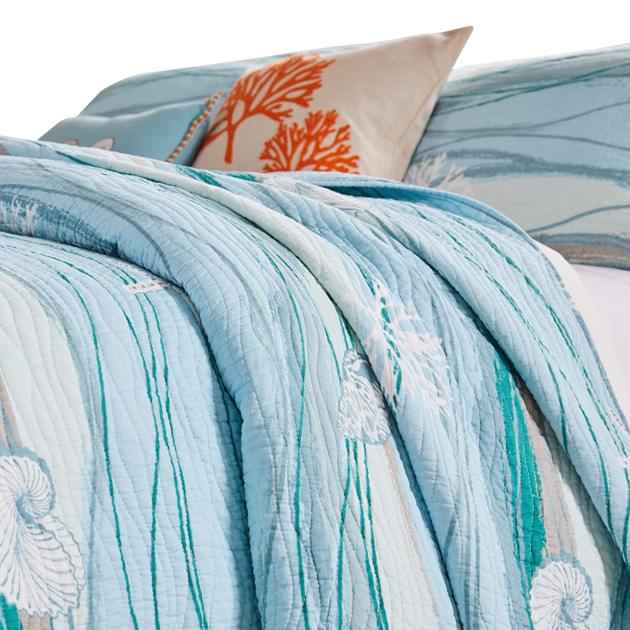 Maritsa Five Piece King Size Fabric Quilt Set With Coastal Prints, Blue- Saltoro Sherpi