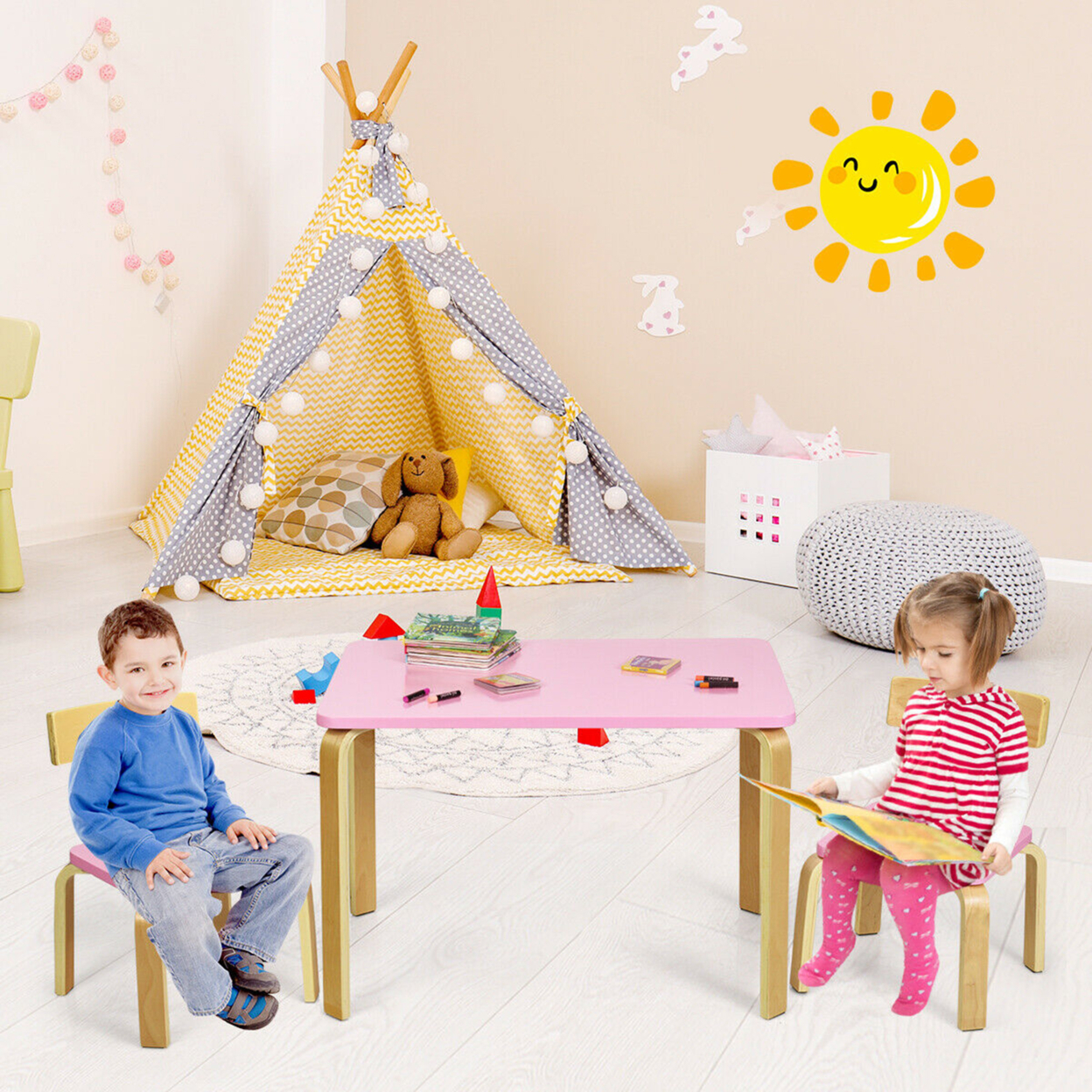3 Piece Kids Wooden Table And 2 Chairs Set Children Activity Art Desk Furniture