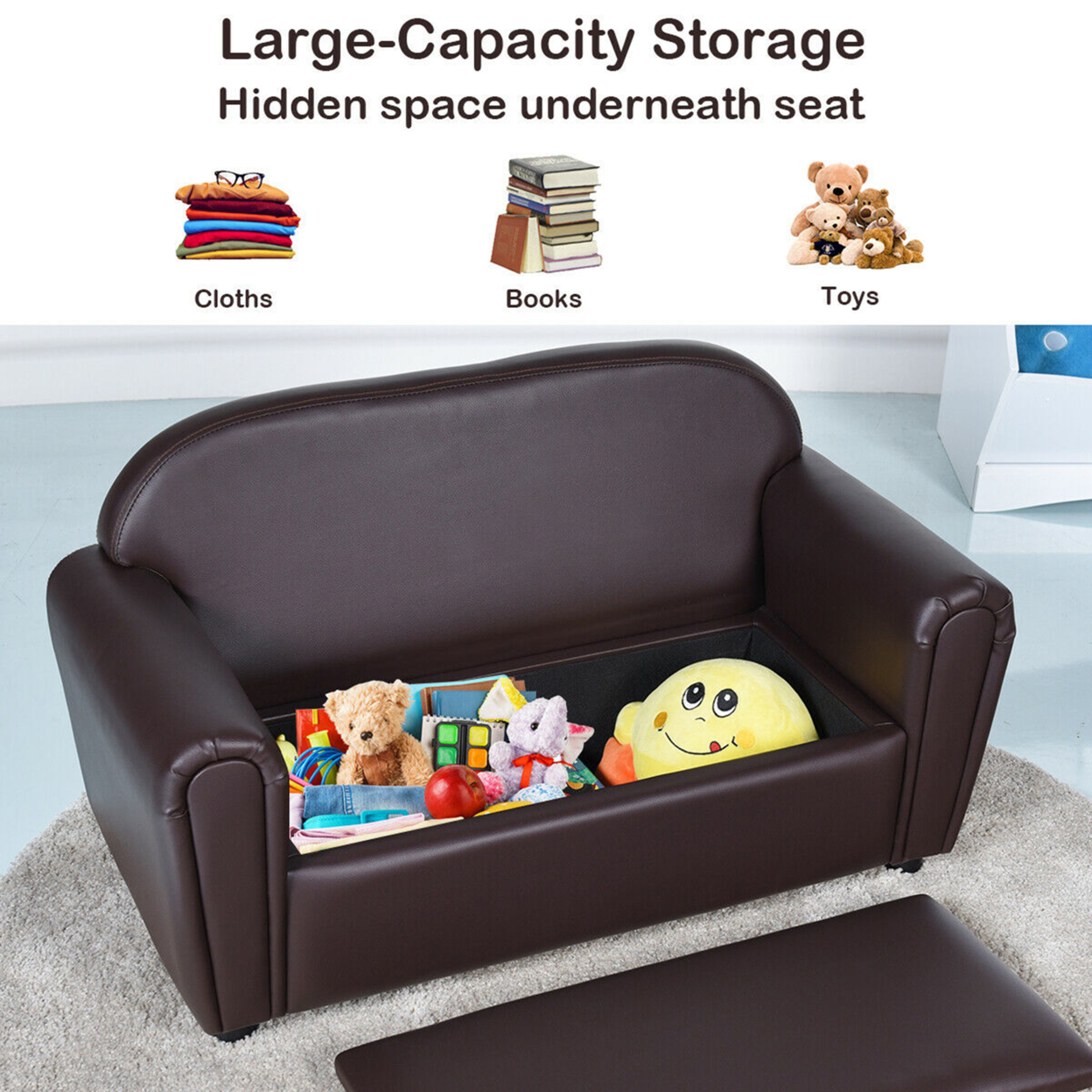 Kids Sofa Armrest Chair Lounge Couch Wood Construction Storage Box Living Room