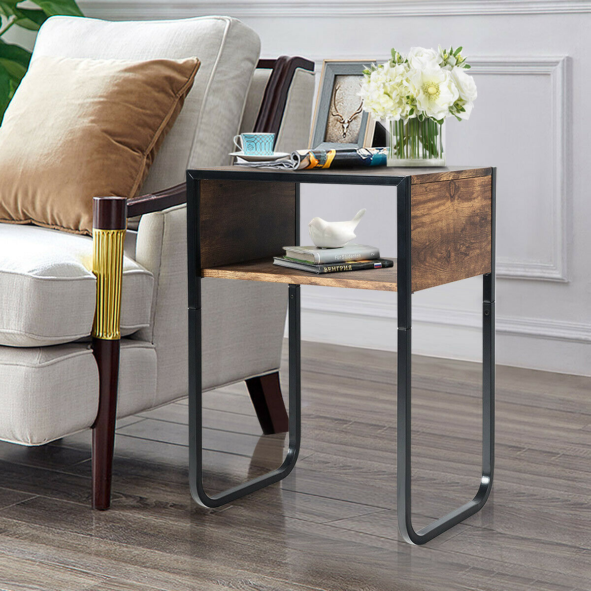 Side Table Industrial Coffee Table W/Metal Frame Rustic End Table Nightstand