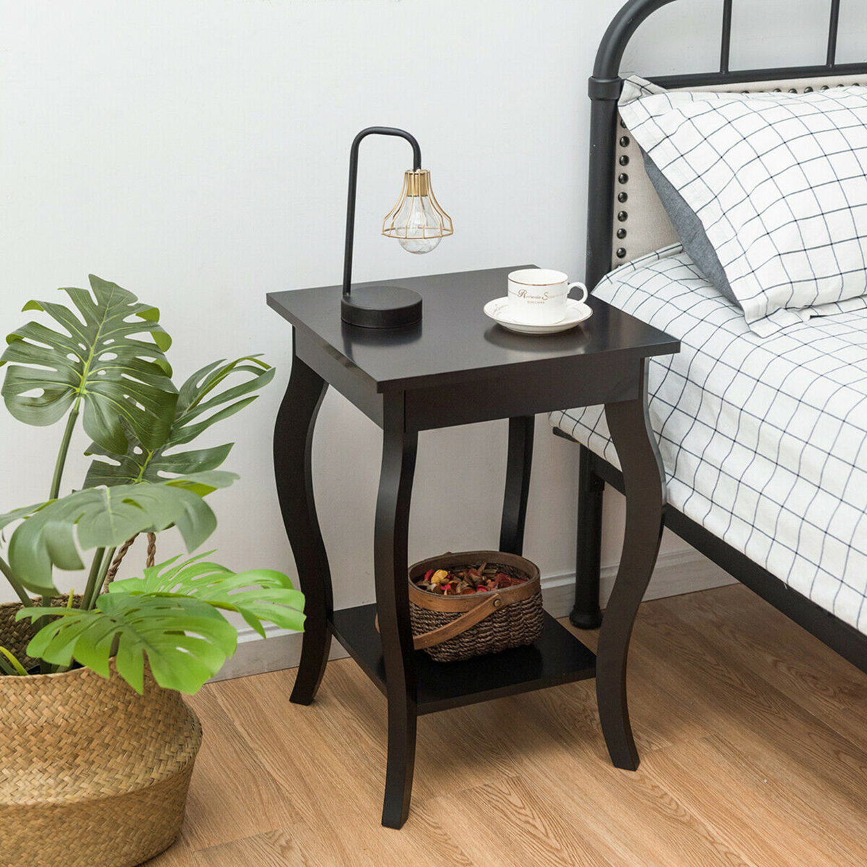 Set Of 2 Accent Side Table Sofa End Table Nightstand Coffee Table W/ Shelf Brown