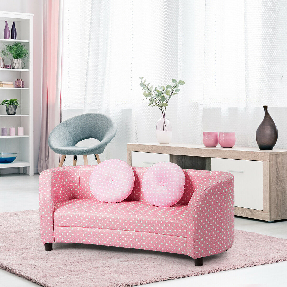 2 Seat Kids Sofa Armrest Chair With Two Cloth Pillows Perfect For Girls Pink