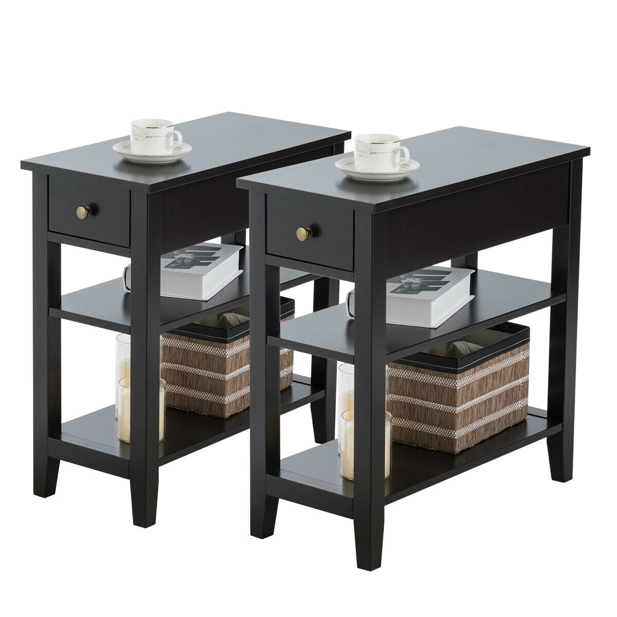 Set Of 2 3-Tier Nightstand Bedside Side End Table W/Double Shelves Drawer Black